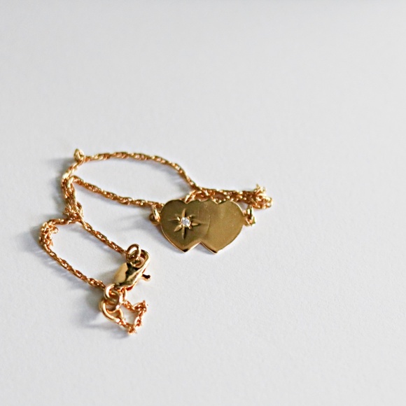 Vintage 14k Gold Over Sterling  & Diamond Double Heart Ankle Bracelet - Picture 1 of 3